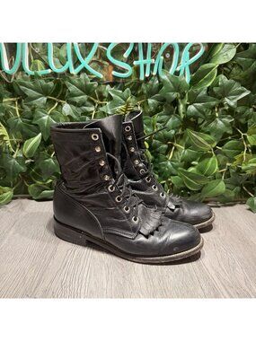 Justin Western Roper Boots Women's Sz 6 B Hiram Kiltie Black Lace Up L0506